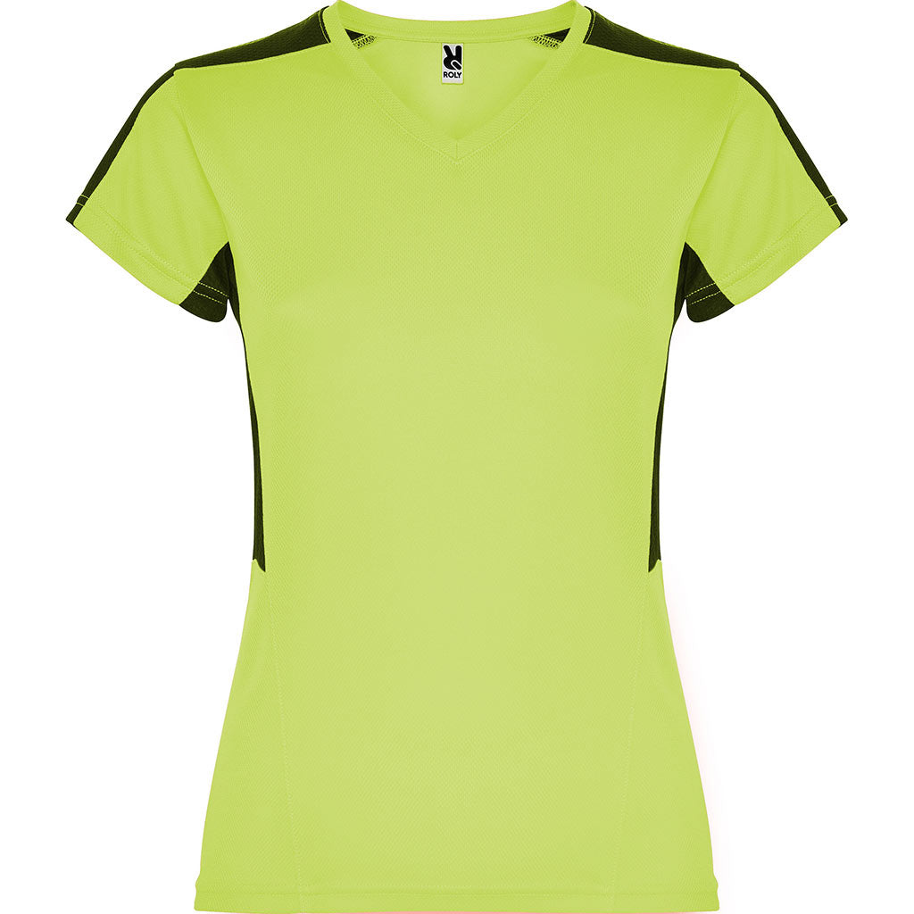 Camiseta técnica cuello pico combinada mujer suzuka colores lima y negro