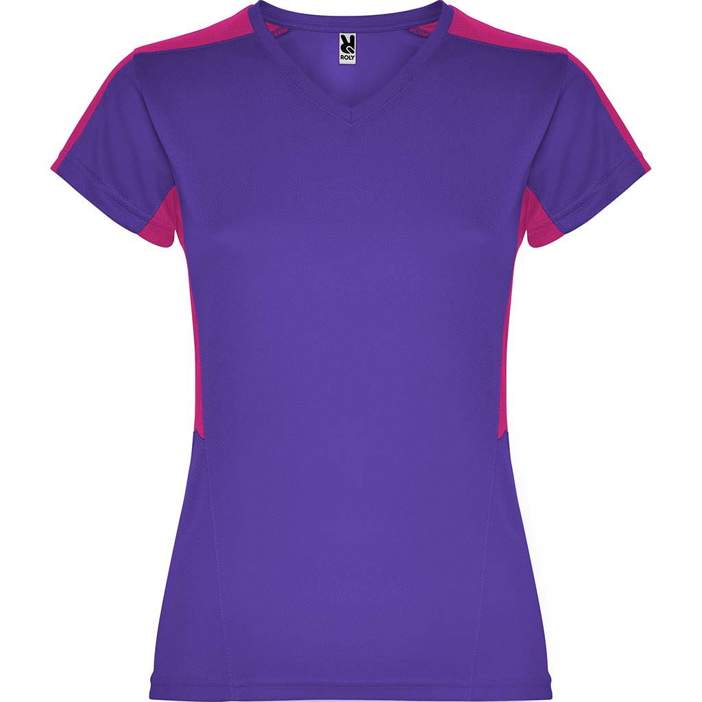 Camiseta técnica cuello pico combinada mujer suzuka colores morado y rosetón