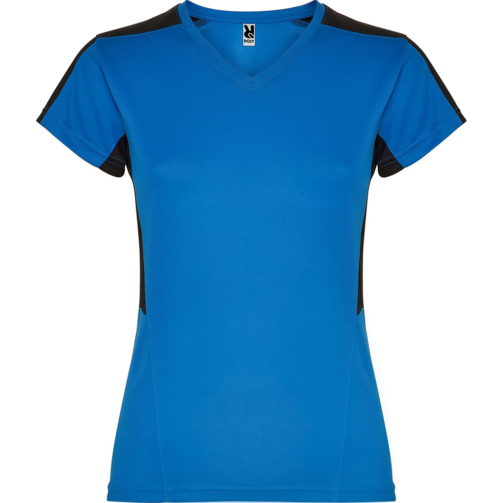 Camiseta técnica cuello pico combinada mujer suzuka colores azul royal y negro