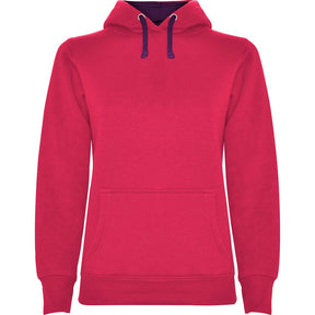 Sudadera capucha combinada mujer urban woman pecho roseton purpura